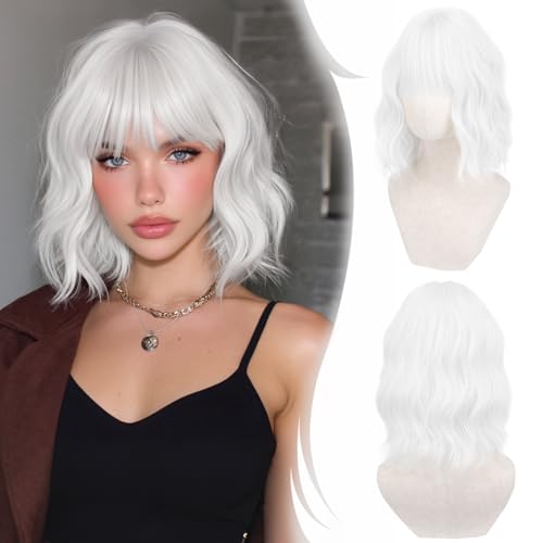 RUWISS Perruque Bob Naturelle Courte Femme avec Franges, 35 cm Perruque Blanc Bouclée Ondulée Synthétiques pour Cosplay Quotidien Halloween