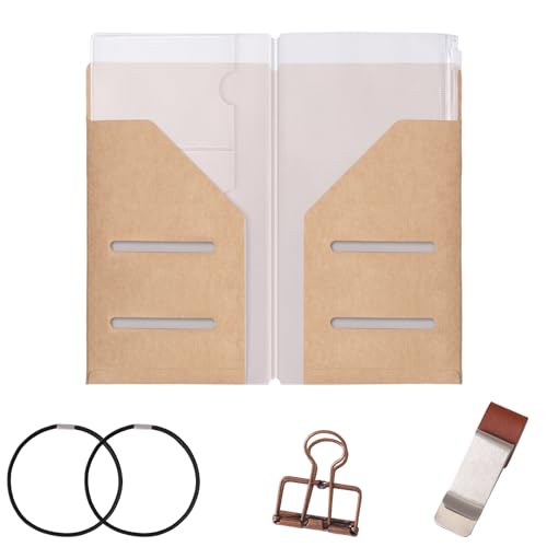 Roadtofree Travelers Notebook Accessories Kit for Passport Size - Kraft Folder, Zipper Case, Pen Holder & Binder Clip and 2 Elastic Bands (Standard Size)
