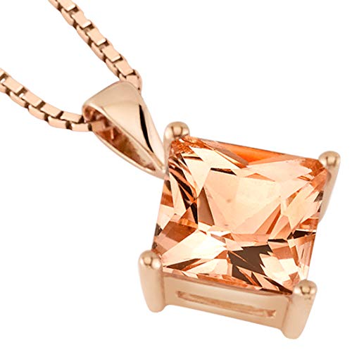 PEORA 14K Rose Gold Morganite Pendant, Genuine Gemstone Classic Solitaire, 2.25 Carats Princess Cut, 8mm, 100% Natural & Real, Pretty Peach Pink Morganite, w/Jewelry Box3