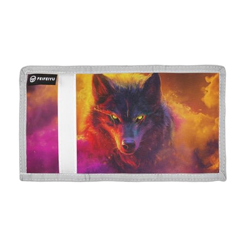 Wolf Flame Purple Red Kids Wallet for Boys Girls Trifold Sport Outdoor Wallets for Teen Children Youth Wallet with Zippered Coin Pockets Card Holders Front Pocket Wallets with Magic Sticker