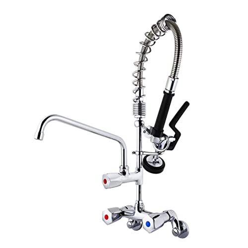 Maxsen Commerical Sink Faucet With Sprayer 25'' Height Wall Mount 4" To 8" Adjustable Center Commercial Faucet Brass Pre Rinse Faucet With Spray Valve 12" Add On Spout Suitable Restaurant Or Hotel. #TOP4