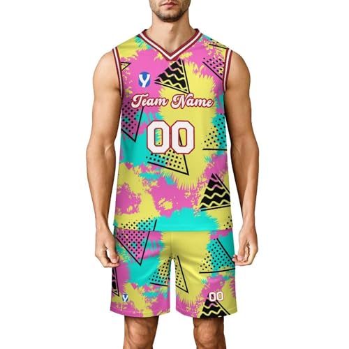 Custom Basketball Jersey for Youth 90s Jersey 80s Outfit for Men Sublimation Breathable Geometry Art Boys Sport Gifts Yellow Blue