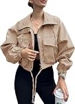 Femmes Cropped Bomber Jacket Léger Militaire Automne Utilitaire Safari Zip vers le haut Anorak manteau avec des poches