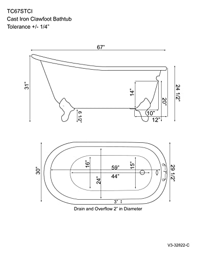 67" Cast Iron Slipper Tub With 7" Faucet Hole Drillings & Brushed Nickel Feet-"Clay" #TOP3