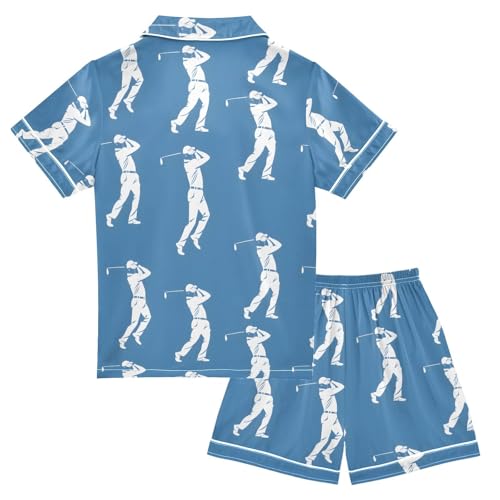 ALAZA Golf Player Blue Satin Pajamas Set Short Sleeve Button Down Sleepwear Summer Pjs 2 Piece2