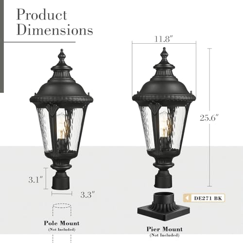 Image of Emliviar 25 inch Lamp Post Light Fixture with Water Ripple Glass, Waterproof Outdoor Pole Light in Black Finish for Yard and Garden, XE265P-SW BK