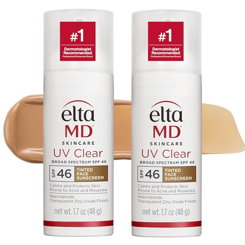 EltaMD UV Clear Tinted Sunscreen for Face, SPF 46 with Zinc Oxide, Oil-Free, Dermatologist Recommended, For Acne-Prone Sensitive Skin, 1.7 oz (Pack of 2)
