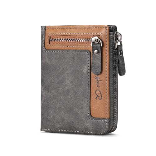 Carteira masculina retrô curta para homens e mulheres com zíper, carteiras de couro PU para dinheiro e cartões acessórios masculinos presente, Cinza, A, Retrô