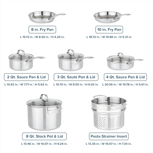 Image of Viking Artisan 3-Ply Stainless Steel 11-Piece Cookware Set with Vented Glass Lids, Fry Pans, Saucepans, Saute Pan, Stock Pot with Strainer Insert, Oven Safe up to 600F