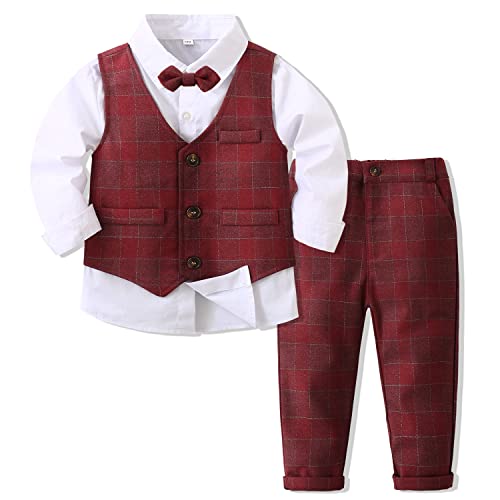 Image of Kimocat Boys 3Pcs Clothing Sets Elegant Long Sleeve Shirts + Vest with Flower+Pants Party Suit