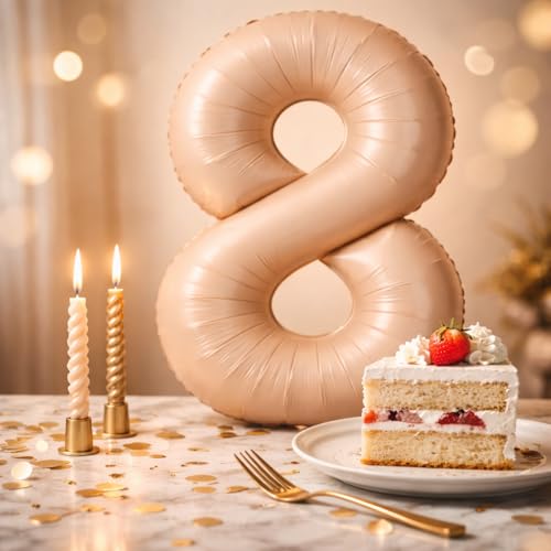 Image of WP WANNA PARTY 40 Inches Apricot Super Shape Number 8 Balloon, Number Balloons for Themes & Events, Birthday Supplies & Decoration -Caramel Light Brown Foil Number Balloon, 1 Piece