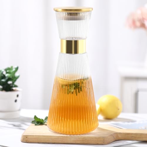 DUJUST Ribbed Glass Carafe with Golden Lid (44oz), Elegant Water Carafe with Gold Decoration, Crystal Glass Carafes, with Thickened Bottom, for Juice, Milk, Tea, Food-Grade Silicone, Leak-proof by DUJUST - Used condition - US$11.00
