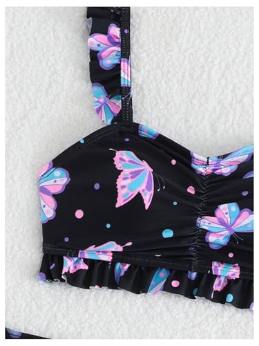 MakeMeChic Girl's 3 Piece Butterfly Print Ruffle Ruched Bikini Set with Drawstring Cover Up Skirt4