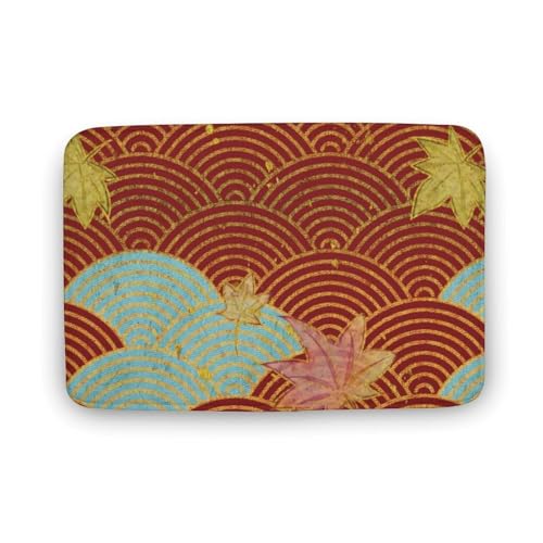 玄関マット室内 和風 浮世絵 波 紅葉 赤 泥落としマット 滑り止め 40x60cm 大判 カーペット 耐摩耗性 吸水 ドアマット バスマット ふわふわ 柔らか 洗える 抗菌防臭 足拭きマット 廊下 洗面所 掃除 ラグマット オールシーズン適用 水洗い お