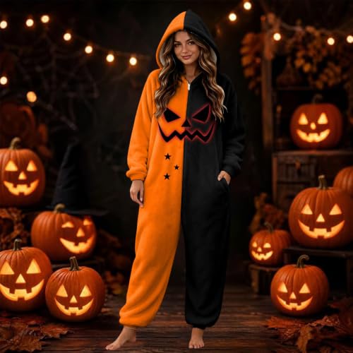 Onesie for Women Jack O Lantern Halloween Pajamas Hooded Zipper Jumpsuit - image 2