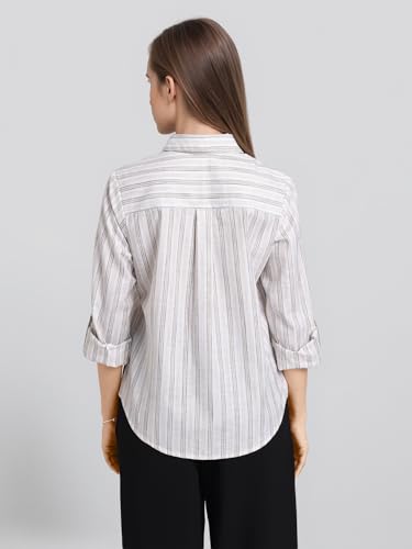 Image of Style Quotient Women Gray and White Cotton Stripe Smart Casual Shirt