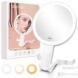 AUAUY Miroir Grossissant Lumineux, 30X/1X Double Face, Miroir Maquillage Rechargeable avec 3 Couleurs éclairage, Luminosité réglable, Rotation à 360°, Pliable Portable pour Voyage, Table