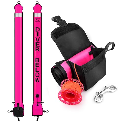 Owekfifv Surface Marker Buoy Scuba with Reel, 5ft High Visibility Diving Open Bottom Signal Tube Safety Sausage with Pouch Bag, 100ft ABS Dive Reel and Steel Double-Ended Bolt Snap (Hi-Vi Pink)