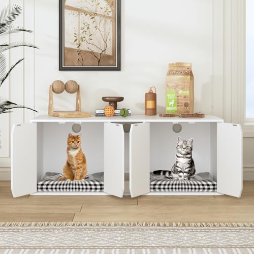 Caldion Katzenkäfig, Katzenkloschrank mit Katzenhöhle, Katzenschrank für Katzentoilette, Katzenklo mit 2 Löchern, 4 Türen, Katzenhaus, für Katze, Weiß, MDF, Wohnzimmer, Schlafzimmer, 110x52x43cm