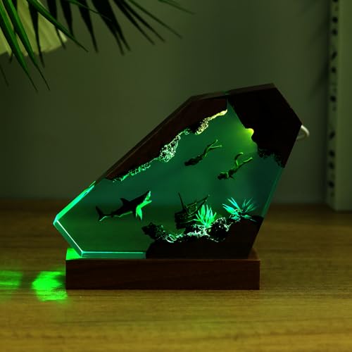 Image of Drawelry Ocean Creative Epoxy Resin Wood Light Lamp, Handmade Multi Color Aquatic Ocean Lamp Deep Sea Cave Diving Enthusiasts Led Night Light Desktop Decor Birthday Gift (White Shark, M)