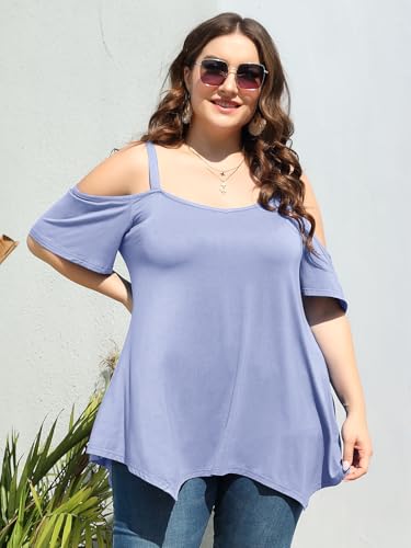 Image of LARACE Cold Shoulder Tops for Womens Summer Clothes Spaghetti Strape Tunic Oversized Shirts Asymmetrical Plus Size Blouse