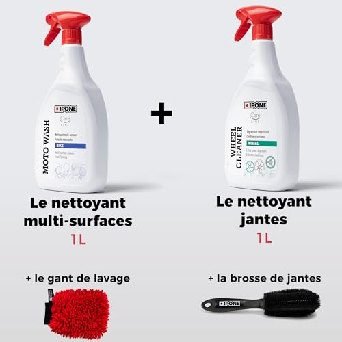 IPONE - Pack Entretien Nettoyage Complet Moto - Cleaning kit - Nettoyant Multi Surfaces Moto Wash 1L + Dégraissant Surpuissant Jantes Wheel Cleaner 1L + Gant Lavage Microfibre + Brosse Jante – Image 4