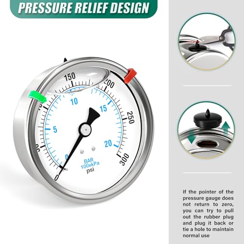 Image of 0-300PSI Stainless Steel Liquid Filled Pressure Gauge, 4 inch Dial Size, 1 /4 inch NPT Back Mount, for Tube, Water Pump, Gas, Liquid, Pressure Test (with Range Mark Pointer)