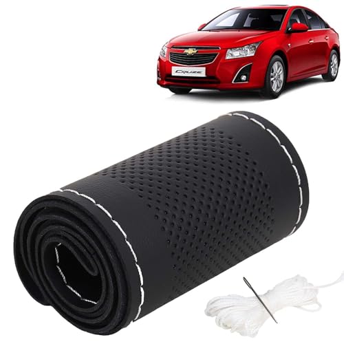 Image of KINGSWAY PU Leatherite Car Steering Cover Sewable Compatible with Chevrolet Cruze (Year 2008-2017), Black Color with Silver Thread, Pack of 1 with Sewing Needle and Thread