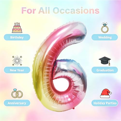 Image of Rainbow Number Balloons Birthday Balloons - Giant Number 6 Balloon 40 inch, Numbers Balloon Birthday Decorations, Rainbow Party Supplies for Baby Shower