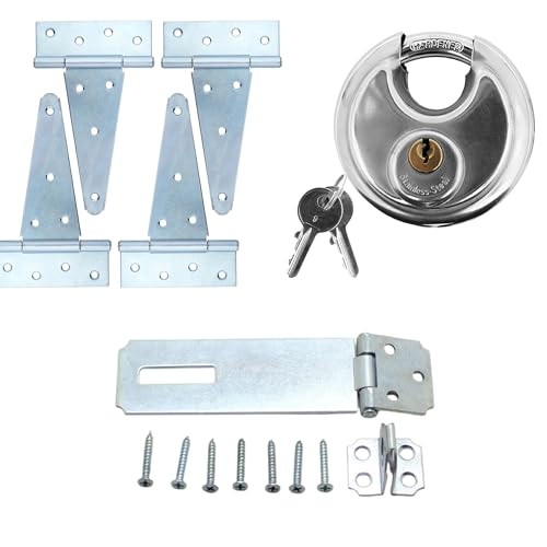 Image of NU-SET Security Kit | 2-3 /4 inch Round Laminated Steel Padlock, 4-1 /2 inch Adjustable Hasp & 6 inch Heavy-Duty T-Hinge (2 Pack) | High-Security Lock & Hardware Set for Doors, Gates & Sheds