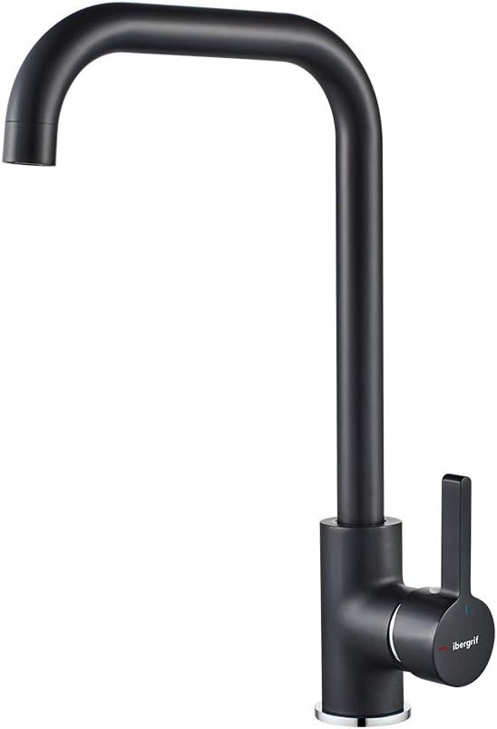 Ibergrif Kitchen Tap, Kitchen Taps Sink with High Spout, 360° Swivel Single Handle Lever Faucet, Dual Control Hot and Cold, Black, M22105B