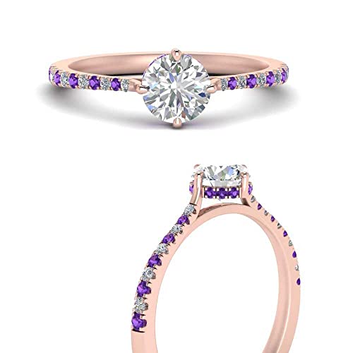Image of Choose Your Gemstone Compass Point Under Halo Round Engagement Ring Rose Gold Plated Round Shape Side Stone Engagement Rings Lightweight Office Wear Everyday Gift Jewelry US Size 4 to 12