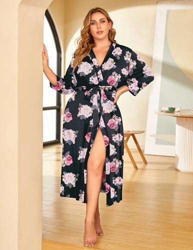 Image of IN'VOLAND Womens Plus Size Kimono Robes Long Knit Bathrobe V Neck Ladies Loungewear Lightweight Soft Sleepwear 1X-5X