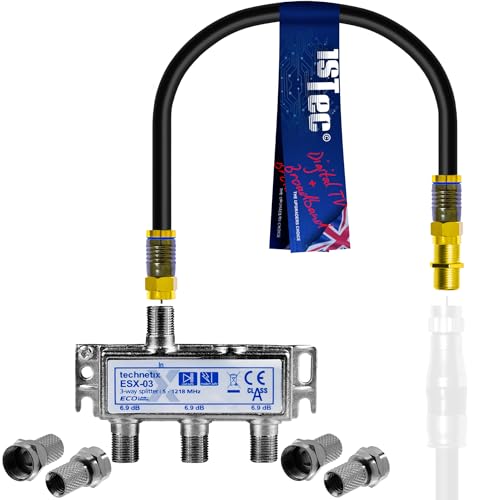 1STec Genuine Virgin Media 4 port 3 Way Technetix Passive Wideband Signal TV Broadband Splitter Short Screw-on F-Connector Link Lead for TiVo TV Set Top Box Superhub Internet Router 5-1218MHZ Freeview