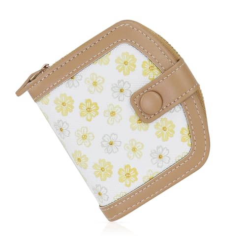 WishLotus Small Card Holder Wallet for Women, Daisy Flowers Cute Wallet with Zipper Pocket, Bifold Card Holder Coin Purse for Daily Use (Khaki)