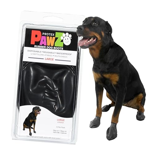 PawZ Rubber Dog Boots for Large Paws - All-Weather Waterproof Dog Shoes, Anti-Slip Traction for Rain, Snow, Mud & Hot Pavement - Pull-On Dog Booties, Black - Large (3'- 4') - Pack of 12