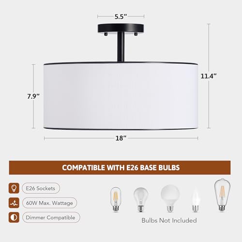 Image of VONLUCE Semi Flush Mount Ceiling Light 18 inch, 3-Light Drum Light Fixture | White Diffused Drum Shade with E26 Sockets, Lighting Fixtures for Hallway, Entryway, Bedroom, Black Finish, ETL Certified