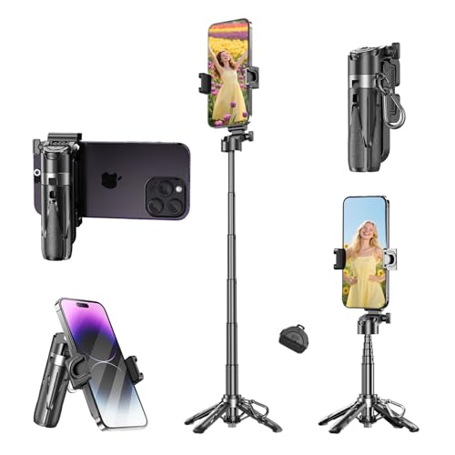 Busdebon 4 in 1 Mini Selfie Stick for iPhone, Portable Compact Pocket Selfie Stick Tripod with Bluetooth Remote, 360° Rotation Small Tiny Selfie Stick for Commuting Travel Vlogging