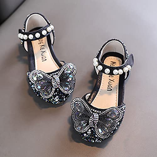 Girls White Dress Shoes Fashion Spring And Summer Girls Sandals Dress Performance Dance Shoes Mesh Rhinestone Bow Hook (Black-2, 8.5 Toddler)4