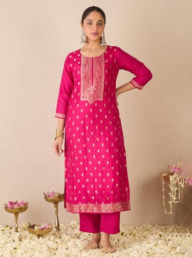 Image of INDO ERA Women's Straight Silk Blend Ethnic Motifs Printed Kurta & Pant With Dupatta Set (IESTR10385)