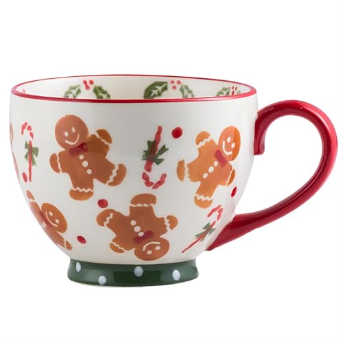 Kyuei Christmas Ceramics Mug Gingerbread Pattern 15 OZ Cute Christmas Coffee Cup for Women Men Kids with Gift Box
