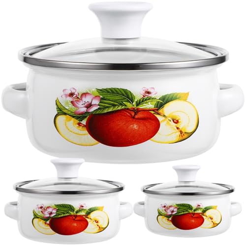 SHINYPASING Olla Esmaltada Mini Doble Asa y Fondo Plano, Set de 3 Piezas (12-14-16 Cm), Olla para Leche y Sopa, Cacerola Pequeña para Cocina Doméstica, Apta para Estufa y Estilo Aleatorio
