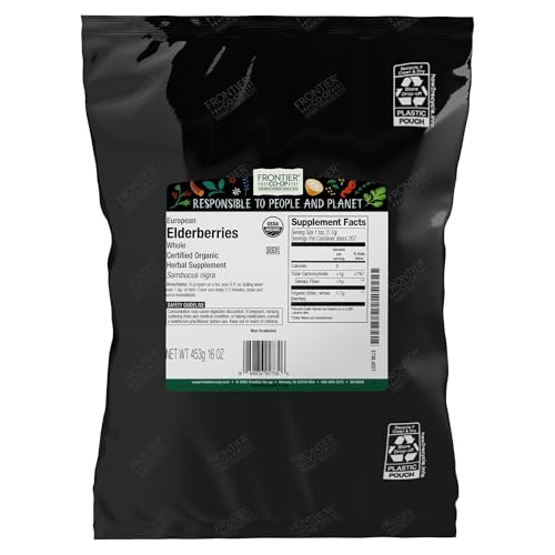Frontier Co-op Organic Dried Elderberries, 1lb Bulk Bag, European Whole | Kosher & Non-GMO | Organic Elderberry Berries Dried, for Immune Support