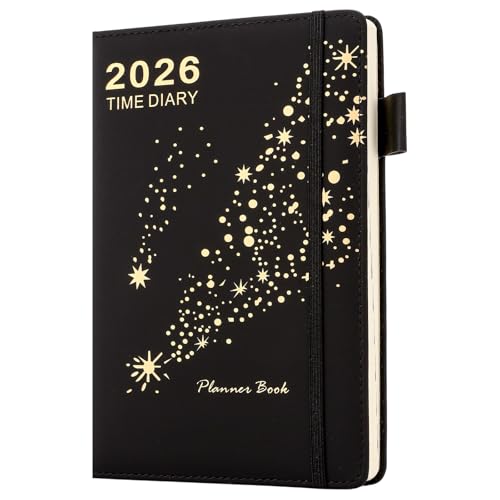 Academic Diary 2026 A5 Page a Day,Full Year Planner - Daily & Monthly Planner from Jan to Dec,Hardcover Appointment Diary 2026 with Monthly Tab,Inner Pocket,Bookmark,Pen Loop (Black)