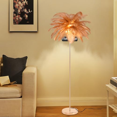 Fivemengo Feather Floor Lamp for Living Room Fluffy Ostrich Feathers Lamp Rose Gold Color Body 3 Color Temperatures Modern Funky Arc Tall Standing Lamp for Bedroom Inclued Bright LED Bulbs (Brown)