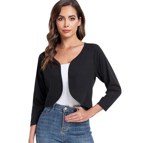 Women's Bolero Shrug Crop Cardigan Open Front Knit Sweater 3/4 Sleeve Tops2