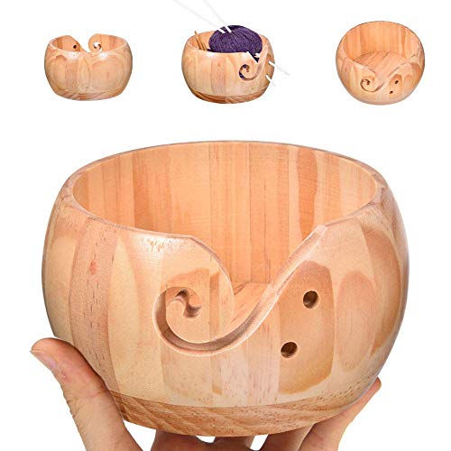 Image of Wooden Crafted Yarn Ball Storage Bowl with Carved Holes and Drills Holes Wooden Yarn Bowl for Crocheting Knitting Accessories DIY Crafts (B)