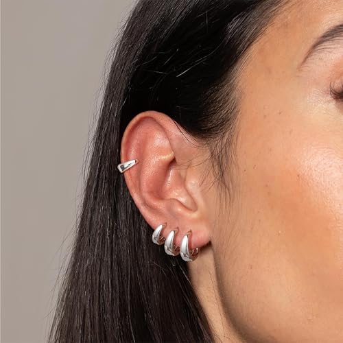 4PC Small Hoop Earrings for Women No Tarnish - Dainty Chunky Silver Earrings Trendy 925 Sterling Silver Plated Hypoallergenic Huggie Hoops Earring Set for Women Silver Jewelry Gift
