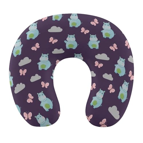 Image of Memory Foam Travel Pillow Chin Head Support Cushion Lovely Hippo, Washable Removable Cover for Airplane Car Outdoor Sleep