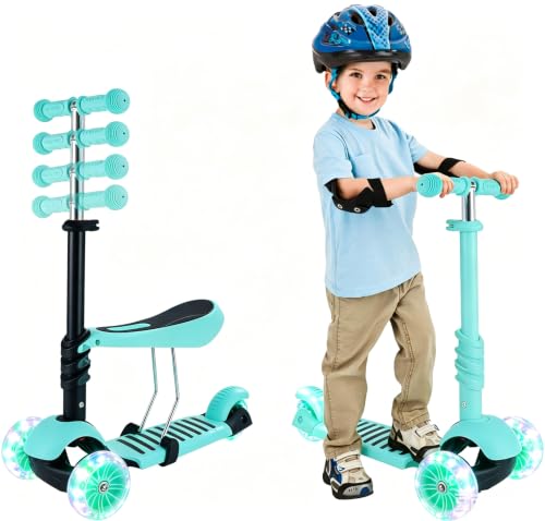 Patinete infantil 3 en 1 con asiento – Draisienne y patinete de 3 ruedas, montaje fácil, altura ajustable, LED ruedas, bandeja antideslizante – para niña/niño de 2 a 8 años (Verde)